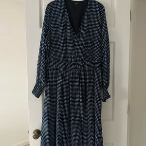 Who What Wear Blue and White Dress Faux Wrap with Smocking